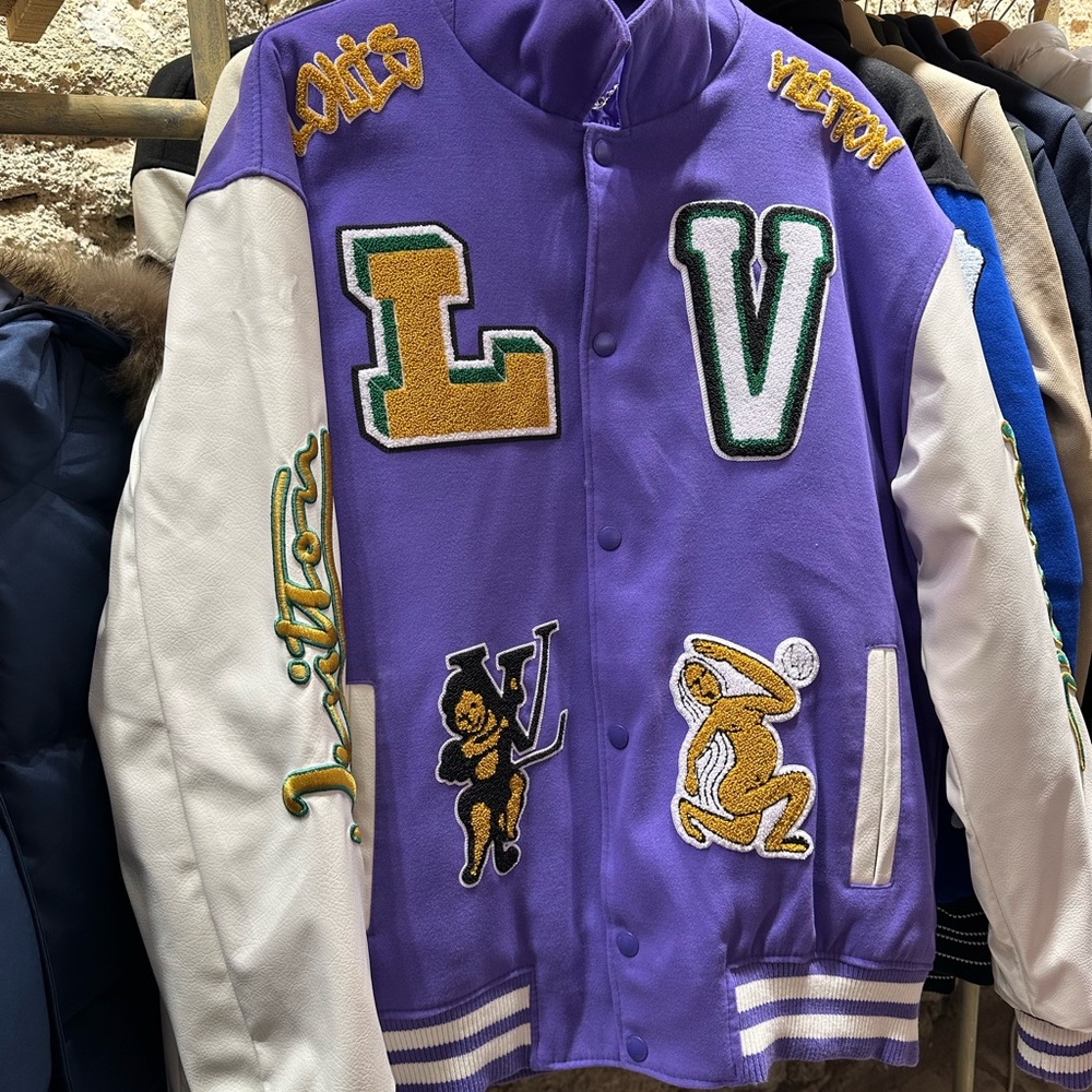 Multi Patch Lv Purple Leather Varsity Jacket - image 4